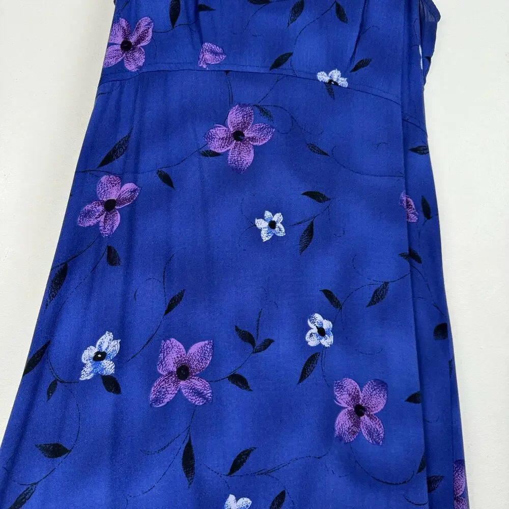 Vintage 90s Floral Corset Tie Back Long Maxi Dress Blue Purple Sleeveless 9/10